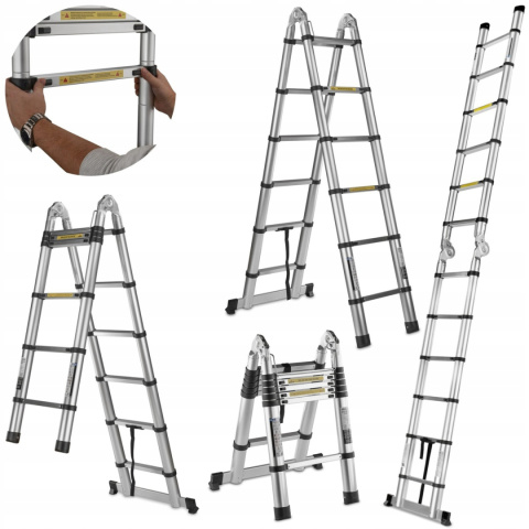 DRABINA TELESKOPOWA ALUMINIOWA 3,8m (1,9m + 1,9m) PRZEGUBOWA WIELOFUNKCYJNA DRABINA TELESKOPOWA ALUMINIOWA 3,8m (1,9m + 1,9m) PRZEGUBOWA WIELOFUNKCYJNA