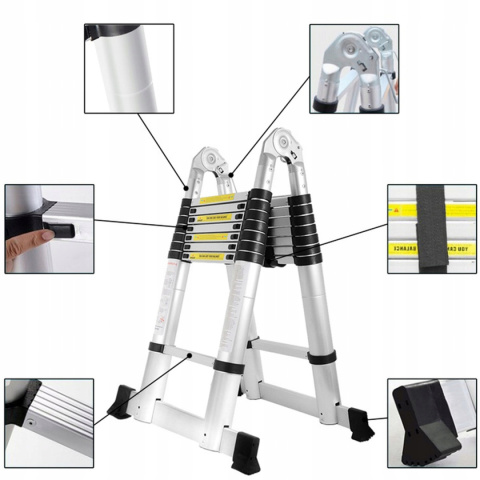 DRABINA TELESKOPOWA ALUMINIOWA 3,8m (1,9m + 1,9m) PRZEGUBOWA WIELOFUNKCYJNA DRABINA TELESKOPOWA ALUMINIOWA 3,8m (1,9m + 1,9m) PRZEGUBOWA WIELOFUNKCYJNA